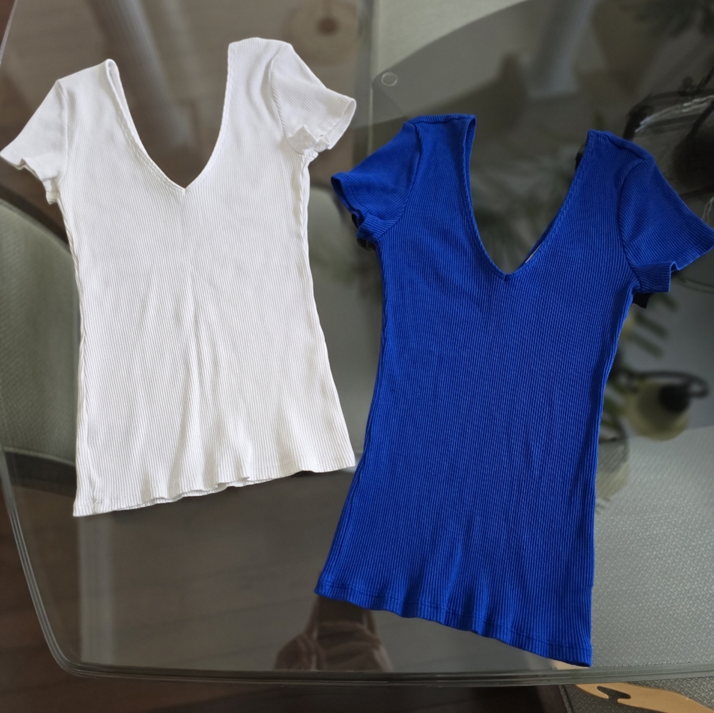 Express Set Of 2 Blue and White Ribbed Knit Tops